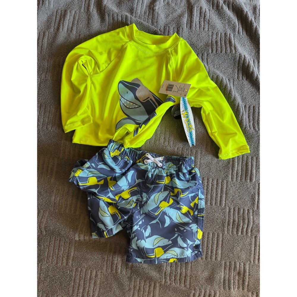 iXtreme swim set boys 2T Rash Guard and Swim Trunks Neon Yellow 2T uv protection